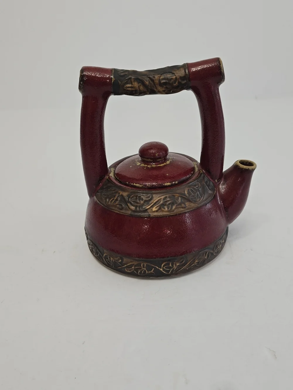 Pier 1 Nikka Earthenware Shanghai Teapot Rust Red Textured Floral Band